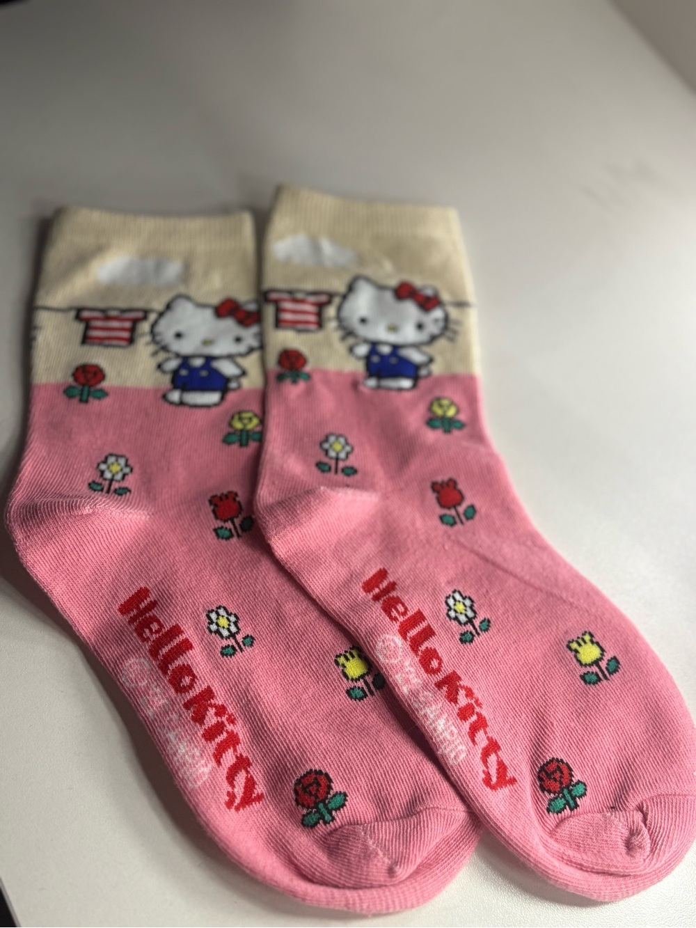 Hello Kitty Pink and Cream Crew Socks with Floral Print